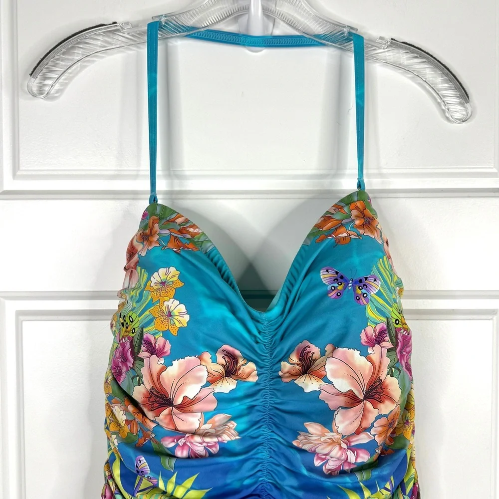 JOHNNY WAS Water Tropic Ruched Sweetheart One Piece Swimsuit NEW Size XL Blue
